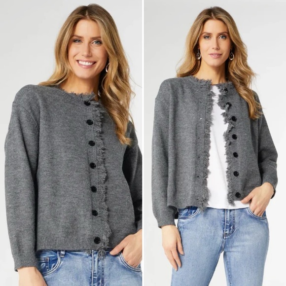 NWT Coco+Carmen Celleste Button Front Cardigan with Fringe Charcoal Size L / XL - Picture 8 of 8